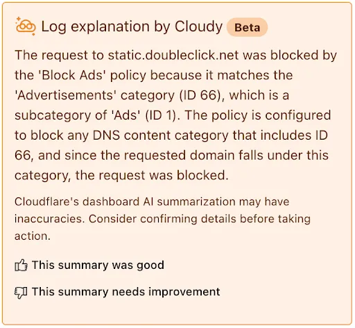Cloudy AI summarizes a log