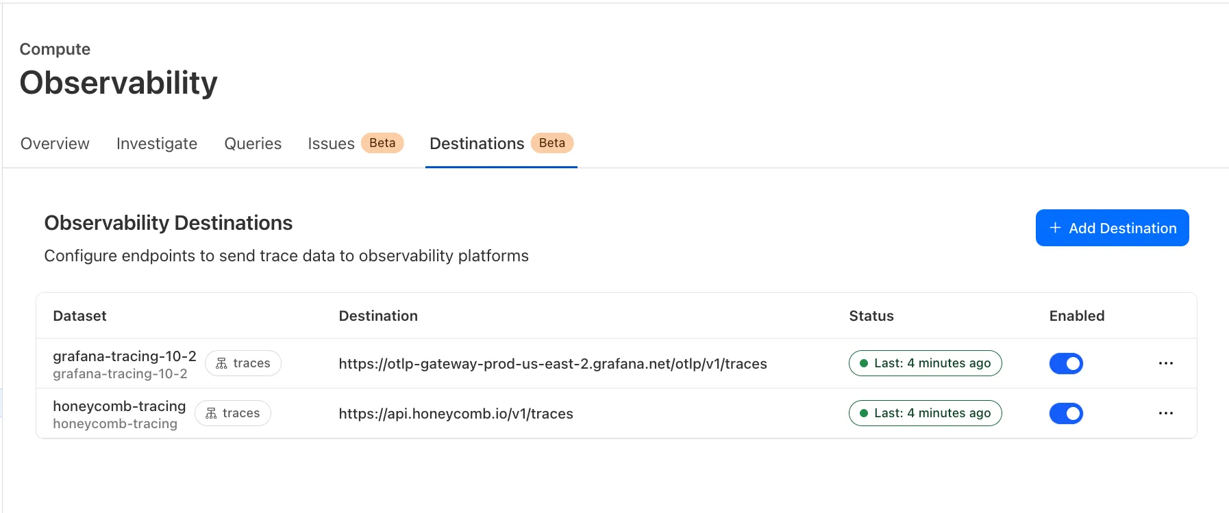 Observability Destinations dashboard showing configured destinations for Grafana and Honeycomb with their respective endpoints and status