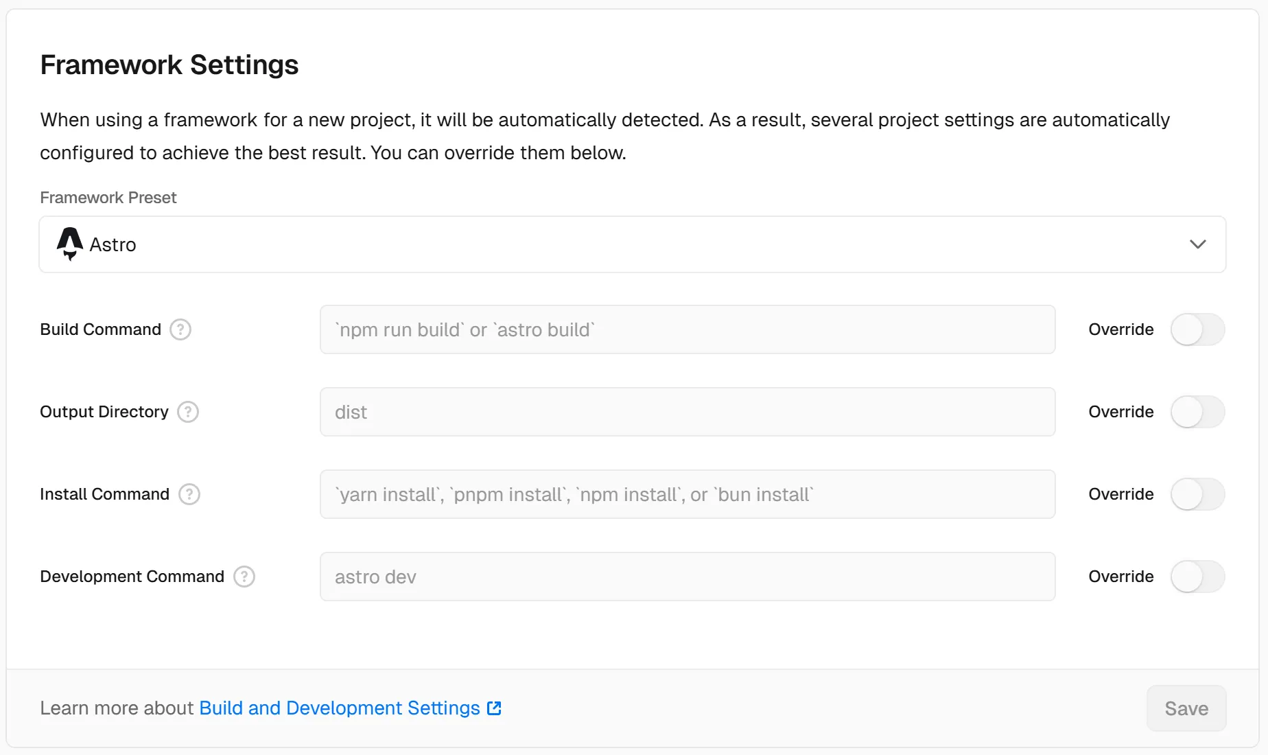 Finding the Build Command and Output Directory fields